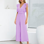 Nadorine Women's Casual Loose Jumpsuit V Neck Sleeveless Solid Ruffle Pleated Wide-leg Long Playsuit with Belt