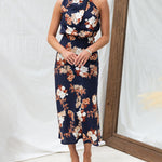 Sleeveless Halter Neck Printed Satin Dress