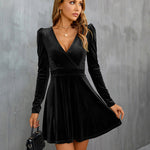Sexy V Neck Long Sleeve Velvet Mini Dress