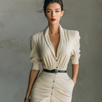 Women's Solid Color Lapel Single-breasted Mid-length Sleeve Belt Maxi Dress