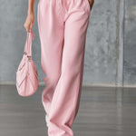 Elegant Fashion Sporty Hooded Front Zipper Short-sleeved Pink Cotton Top And Pants Set