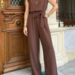 Solid Color Loose Belted Tie Wide Leg Jumpsuit