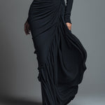 Women's Black Elegant Jersey Knit Ruched Maxi Dress