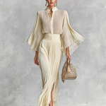 Women's Pleated Chiffon Stand Collar Trumpet Sleeve Shirt Slit Floor Length Skirt Two-piece Set