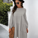 Long Puff Sleeve Shirt Dress Casual Crewneck Loose Fit Sundress Trendy Tiered Layer Summer Mini Dresses