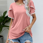 Pom-Pom Trim Flutter Sleeve Round Neck Tee Casual Blouses Tops