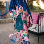 Seaside Stroll Satin Unique Print Button Up Long Sleeve Slit Kaftan Midi Dress