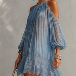 Celeste | Mini Blue Dress with Off-Shoulder Ruching and Lace Hem