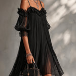 Black Off-Shoulder Chiffon Mini Dress with Lace Trim