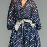 Casual Polka-Dot Chiffon Loose-Fit Long-Sleeve Top and Pants Set(Belt included)