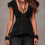 Black Bohemian V-Neck Lace Top and Harem Pants Set