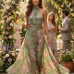 Green Floral Chiffon Halter Maxi Dress