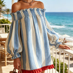 Blue and white striped off-the-shoulder mini dress with a contrasting hem