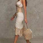 Beige Bohemian Lace Trim Ruched Midi Dress