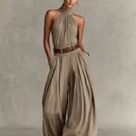 Caterina | Taupe wide leg jumpsuit with boho-style American neckline