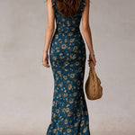 Bohemian Navy Printed Maxi Dress with Ruffled Sleeves