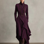 Women's Purple Bohemian Cotton Stretch Turtleneck Asymmetrical Draped Maxi Dress