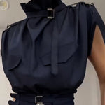 Loose Sleeveless Buckle Solid Color Stand Collar Blouses&Shirts Tops