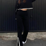 Knit Two Piece Outfit Color Block Cropped Top Long Pants Ribbed Sweater Set
