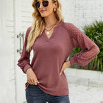 Nadorine V Neck Tops Solid Color Blouse Long Sleeve Pullover Lace Patchwork Shirt