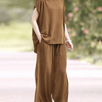 Summer Trousers Suits Matching Sets Short Sleeve Blouse Wide Leg Pants Sets