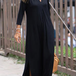 Fashion solid color V-neck three-quarter sleeves knitted long slit dress
