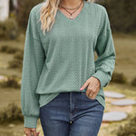 V-Neck Solid Color Twisted Knit Long Sleeve Loose T-Shirt Tops