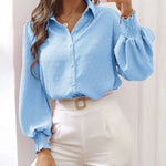 Nadorine V Neck Crinkle Crepe Lantern Sleeves Shirt Top Button-Down Loose Blouse