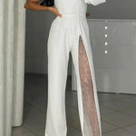 Stylish One Shoulder Slit Long Sleeve Mesh Splice Wide Leg Jumpsuit