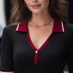 Contrast Trim Ribbed V-Neck Knit Polo Top