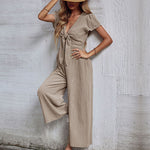 Jumpsuit Wide Leg Casual Short Sleeve Solid Color Bowknot V Neck Jumpsuit