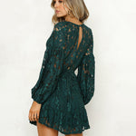 Lace Dress Deep V Floral Long Sleeve Cocktail Swing Dress