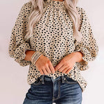 Nadorine Leopard Printed Long Sleeve Ruffle Hem Babydoll Blouse Shirt Tunic Top