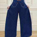 High Waisted Loose Elasticity Pockets Solid Color Zipper Jean Pants Bottoms