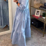 Solid Color Lapel Elastic Cuffs Loose Maxi Dress