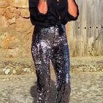 Pursue Shine Sequin High Rise Elastic Waist Flare Pants