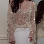 Sequined knitted hollow long-sleeved top