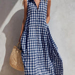 Loose-fitting plaid sleeveless beach vacation dress