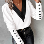 Autumn Fashion V-neck Solid Color Long Sleeve Button-up Shirt