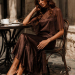 Brown Chiffon Blouse And Satin Midi Dress Two-piece Set