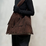 Retro versatile coffee suede tassel large bag