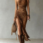 Ethnic-Style Printed One-Shoulder Maxi Dress with High Slit