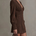 Brown Faux Suede Deep V-Neck Puff Sleeve Mini Dress
