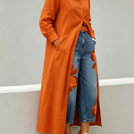 Long shirt paired with a floral wide-leg denim trouser set