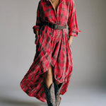 Casual loose retro plaid shirt dress with belt