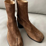 Genuine leather split-toe chunky heel mid-calf Martin boots