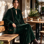 Green velvet round-neck lantern-sleeve top and wide-leg trousers set
