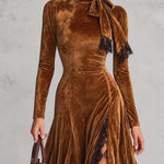 Golden Brown Velvet Maxi Dress With Neck Tie And Black Lace Trim