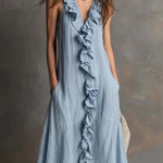 Women's Solid-Color Sleeveless V-Neck Flared Ruffle Dress