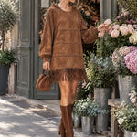 Brown hooded faux-suede mini dress with fringe